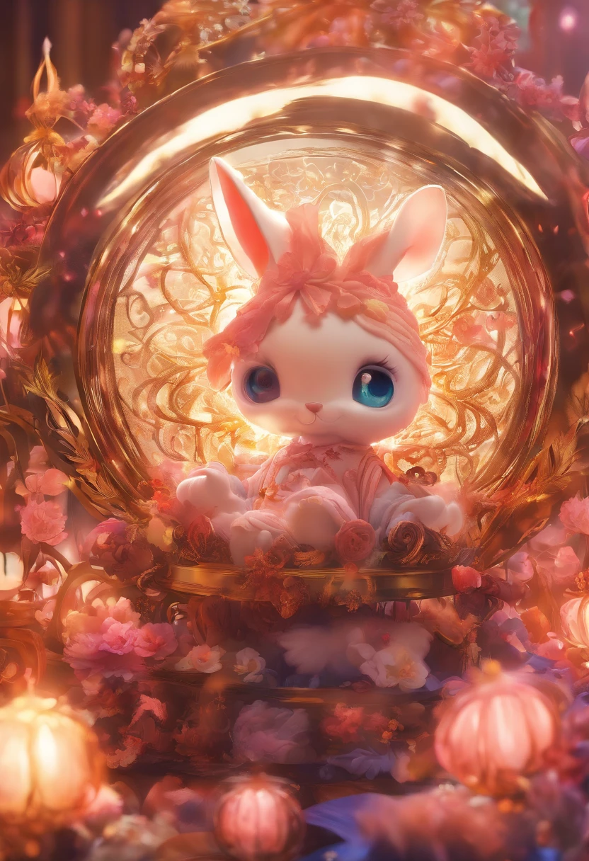 Q version of the rabbit,Cute and cute,Moon cake,laurel,themoon,The light is depicted in detail,orange tint,oc rendered,high qulity,tmasterpiece,Hyper-realistic,Ultra photo realsisim,8K,super-fine,ultra - detailed,Ultra-wide angle of view,dynamic viewing angle