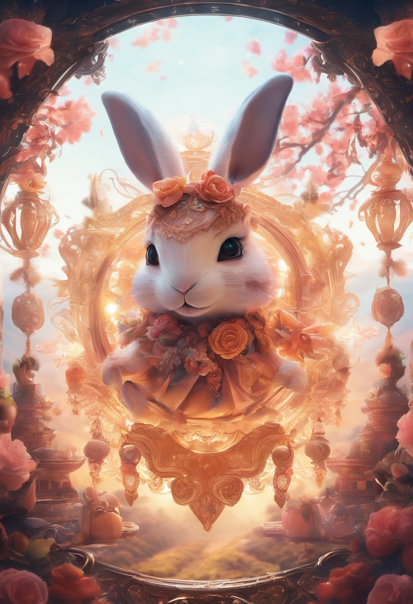 Q version of the rabbit,Cute and cute,Moon cake,laurel,themoon,The light is depicted in detail,orange tint,oc rendered,high qulity,tmasterpiece,Hyper-realistic,Ultra photo realsisim,8K,super-fine,ultra - detailed,Ultra-wide angle of view,dynamic viewing angle