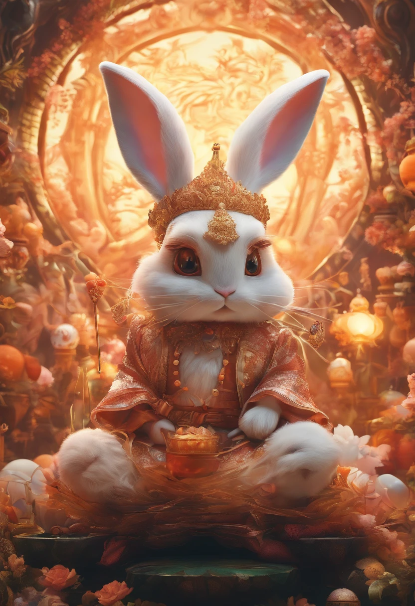 Q version of the rabbit，Cute and cute，Moon cake，laurel，themoon，The light is depicted in detail，orange tint，oc rendered，high qulity，tmasterpiece，Hyper-realistic，Ultra photo realsisim，8K，super-fine，ultra - detailed，Ultra-wide angle of view，dynamic viewing angle