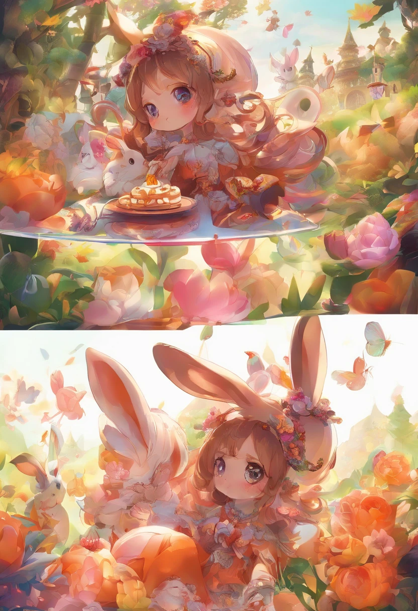 Q version of the rabbit,Cute and cute,Moon cake,laurel,themoon,The light is depicted in detail,orange tint,oc rendered,high qulity,tmasterpiece,Hyper-realistic,Ultra photo realsisim,8K,super-fine,ultra - detailed,Ultra-wide angle of view,dynamic viewing angle