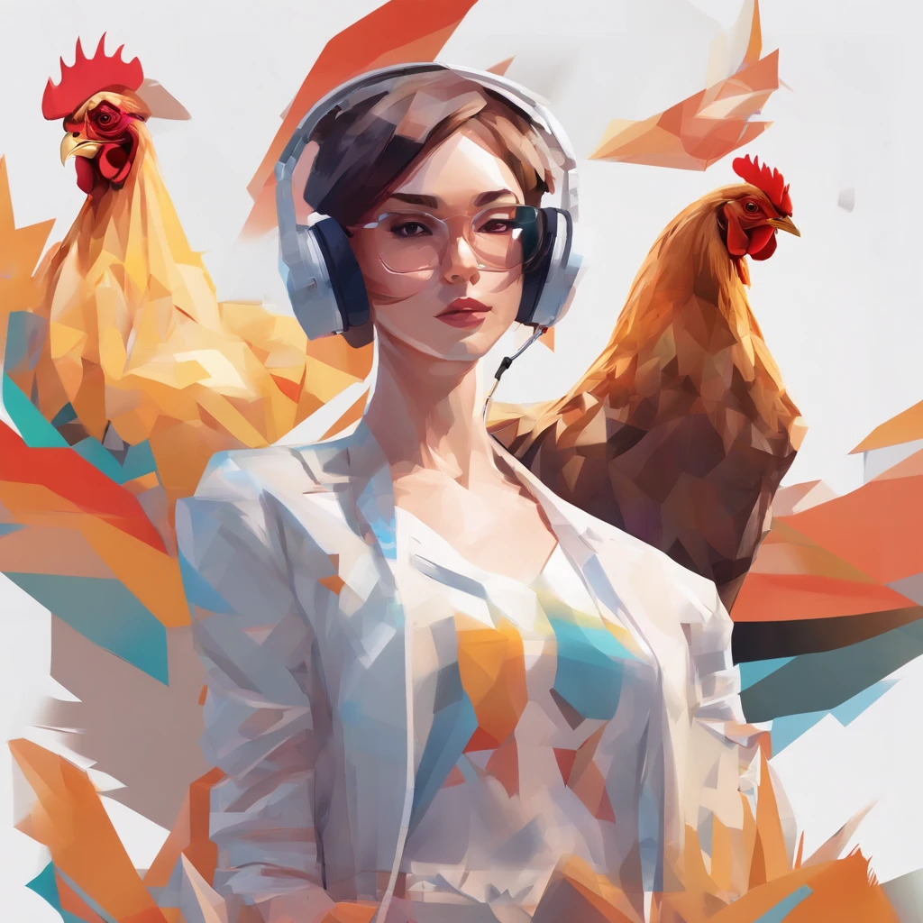 ((Woman with chicken head))、Sexy underwear、Only the head is a chicken human、Perfect centering,  Wear a student team jacket, Wearing sunglasses, Wearing headphones, cheerfulness, Standing position, Abstract beauty, Centered, Looking at the camera, Facing the camera, Approaching perfection, Dynamic, Highly detailed, Smooth, Sharp Focus, 8K, hight resolution, Illustration, art by carne griffiths and wadim kashin, White background、total、Full Body Angle、flying though the air