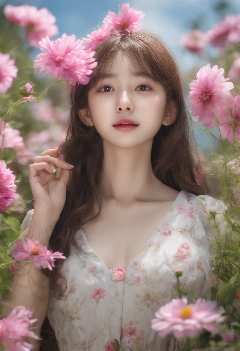 Sitting Woman、6years old、((of the highest quality, 8K,Raw photo)), (Realistic, Photorealistic: 1.37),BREAK、Cosmos flower、Cosmos flower garden、