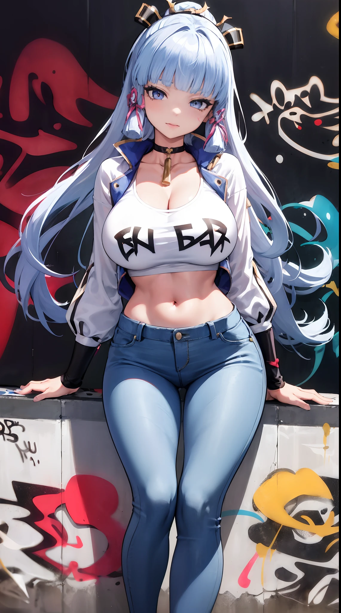 kamisato ayaka|genshin impact, master-piece, bestquality, 1girls,25 years old, proportional body, elongated legs, Beautiful, proportional., crop top, Long Jeans, gigantic breasts, ,bara, crop top, choker, (Graffiti:1.5), Splash with purple lightning pattern., arm behind back, against wall, View viewers from the front., Thigh strap, Head tilt, bored,