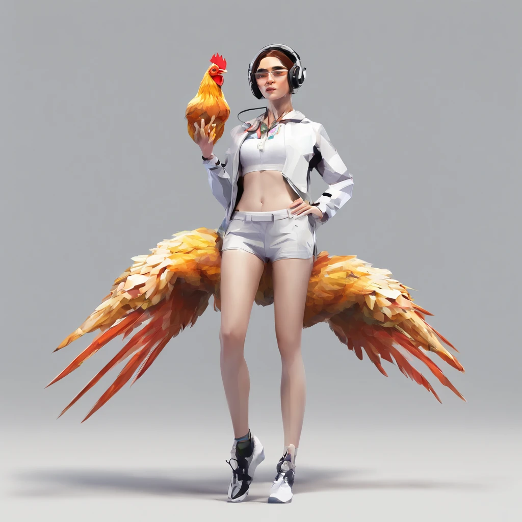 ((Female with chicken head))、sexy underwear、Only the head is a chicken human、Perfect centering,  Wear a student team jacket, Wearing sunglasses, Wearing headphones, cheerfulness, Standing position, Abstract beauty, Centered, Looking at the camera, Facing the camera, Approaching perfection, Dynamic, Highly detailed, Smooth, Sharp Focus, 8K, hight resolution, Illustration, art by carne griffiths and wadim kashin, White background、total、Full Body Angle、flying though the air