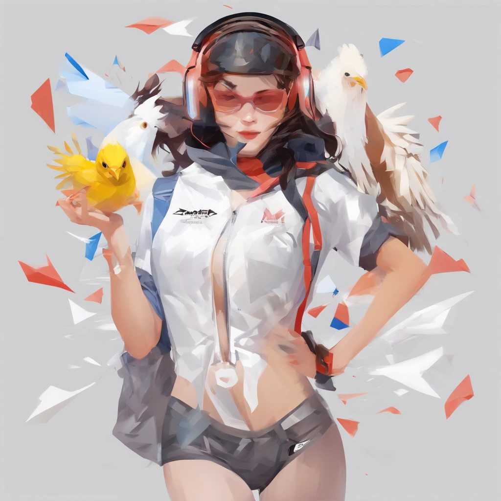 ((Female with chicken head))、sexy underwear、Only the head is a chicken human、Perfect centering, Wear a student team jacket, Wearing sunglasses, Wearing headphones, cheerfulness, Standing position, Abstract beauty, Centered, Looking at the camera, Facing the camera, Approaching perfection, Dynamic, Highly detailed, Smooth, Sharp Focus, 8K, hight resolution, Illustration, art by carne griffiths and wadim kashin, White background、total、Full Body Angle、flying though the air