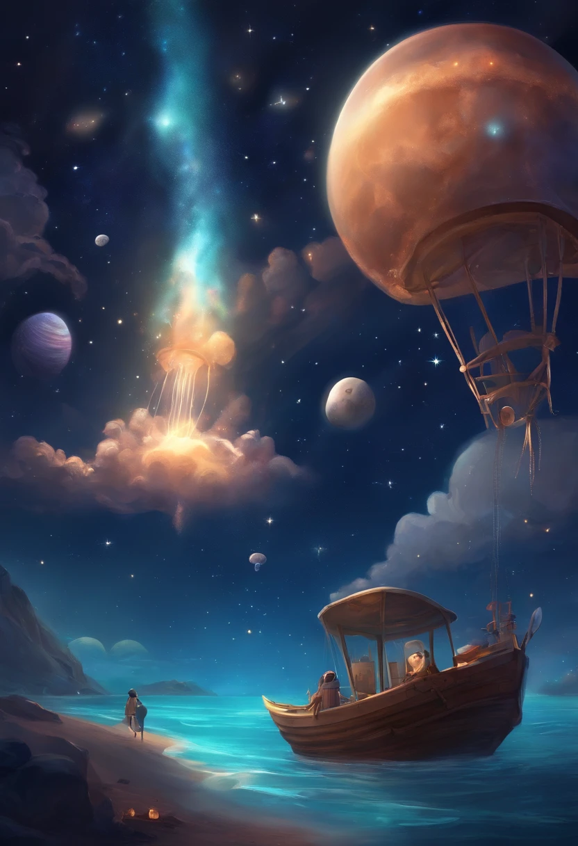 milky ways, rockets, jellyfish, meteors, Cute Art. tchibi, Digital art. cozy calm, More
