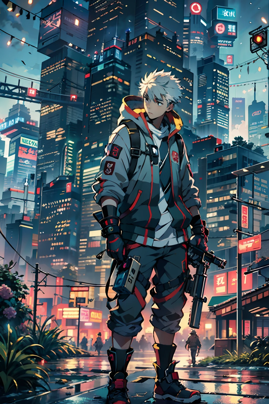 1boy,(15 years old boy:1.5)、Anime-style protagonist、Cyberpunk Boy、silber hair、Spiky hairstyle、machine gun、Japan sword on the back、Whole body bloody、Shot from the knee up、The beginning of the adventure、Lots of clouds,heavy fog、Big Moon、Lightning、Chaotic city of the future、dystopian、A group of very tall skyscrapers stands in the center、Very complex cityscape,Crowded Chinese skyscrapers、Tall radio tower、Trees、street signs、streetlights、taxis、buses、Train、Warm lighting,Dark road、puddles、Chaotic、Beautiful and fantastic scenery、Cinematic scenery、hightquality、masutepiece,in 8K、hight resolution、