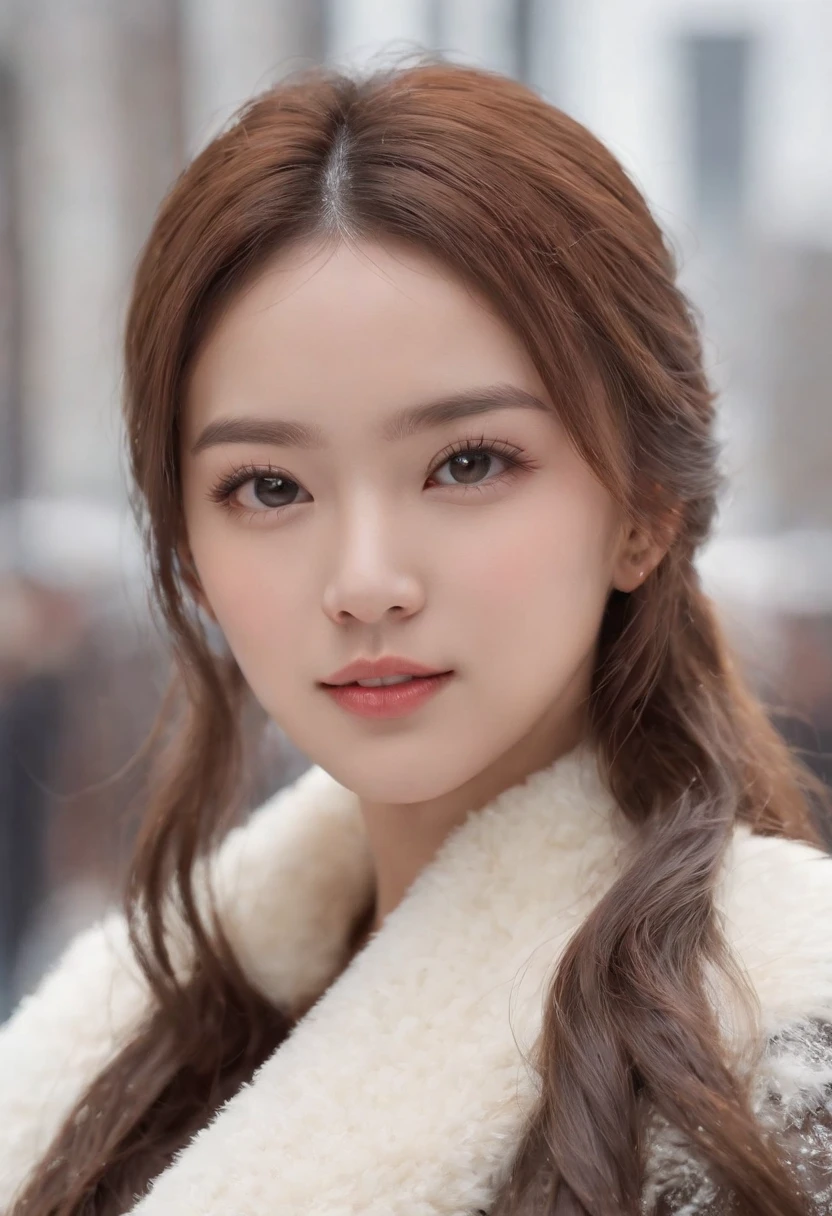 (Did We Really Love), (masterpiece, best quality), (photo realistic), (photograpy), (intricate detail, Detailed Face), high-resolution, HDR, 1girl, solo focus, 20 years old sexy korean girl,
front view, looking at viewer,
Light smile,
White ponytail hair,
variety of hairstyles,
High teen style,
Winter, White winter coat,
snowy outdoors Background,
gigantic breasts:0.1,
wide hip:0.4,