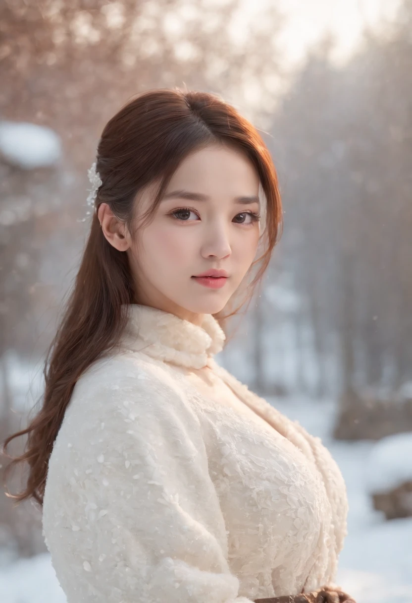 (Did We Really Love), (masterpiece, best quality), (photo realistic), (photograpy), (intricate detail, Detailed Face), high-resolution, HDR, 1girl, solo focus, 20 years old sexy korean girl,
front view, looking at viewer,
Light smile,
White ponytail hair,
variety of hairstyles,
High teen style,
Winter, White winter coat,
snowy outdoors Background,
gigantic breasts:0.1,
wide hip:0.4,