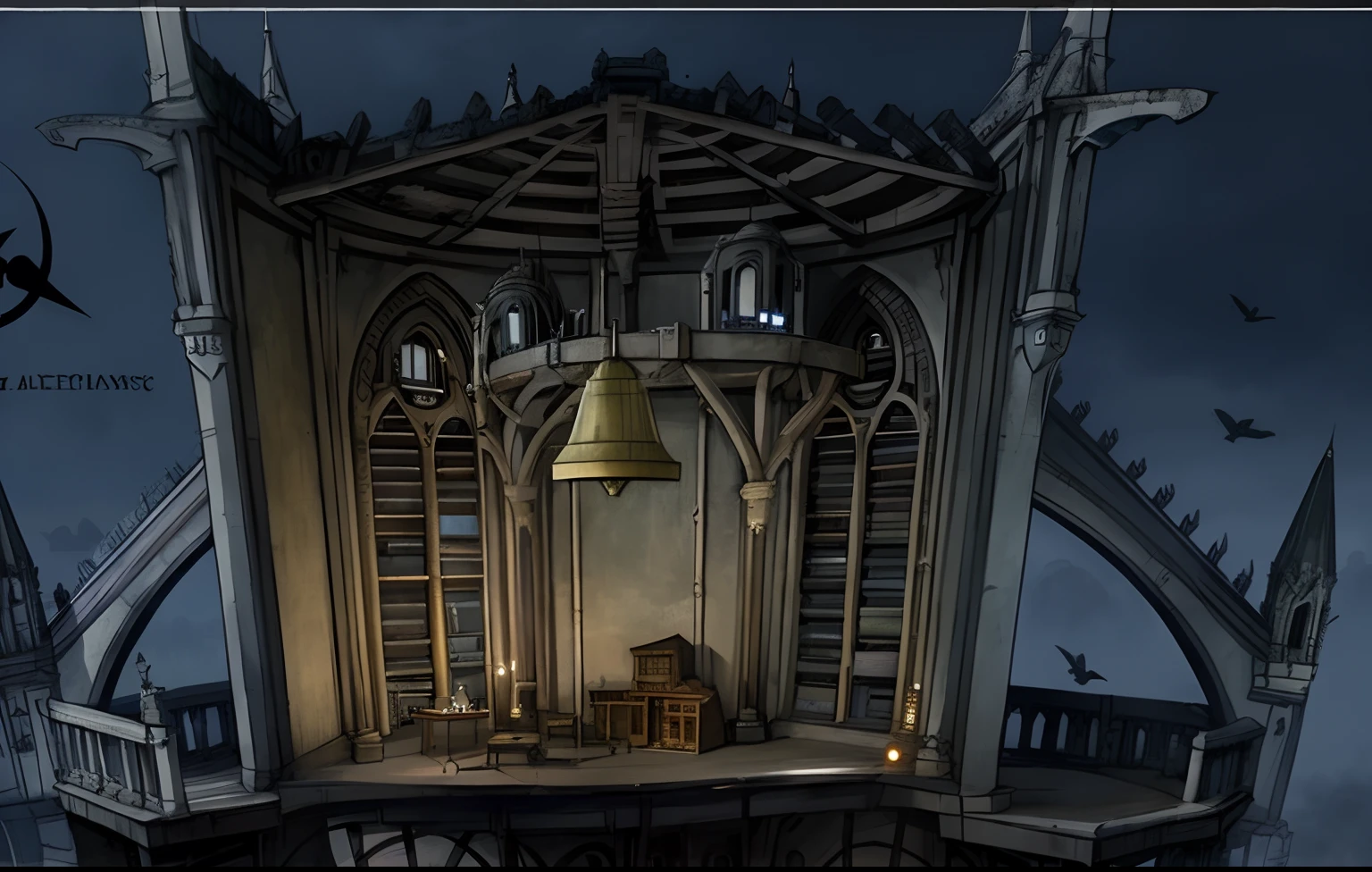 Close-up of the bell tower,There is a clock on it, Gothic epic library concept, point-and-click adventure game, Inspired by Anton Peake, arte de fundo, bioshock concept art, background artwork, bioshock infinite art style, library of ruina concept art, anor londo, darkest dungeon art style, ancient biomechanical temple, steampunk setting