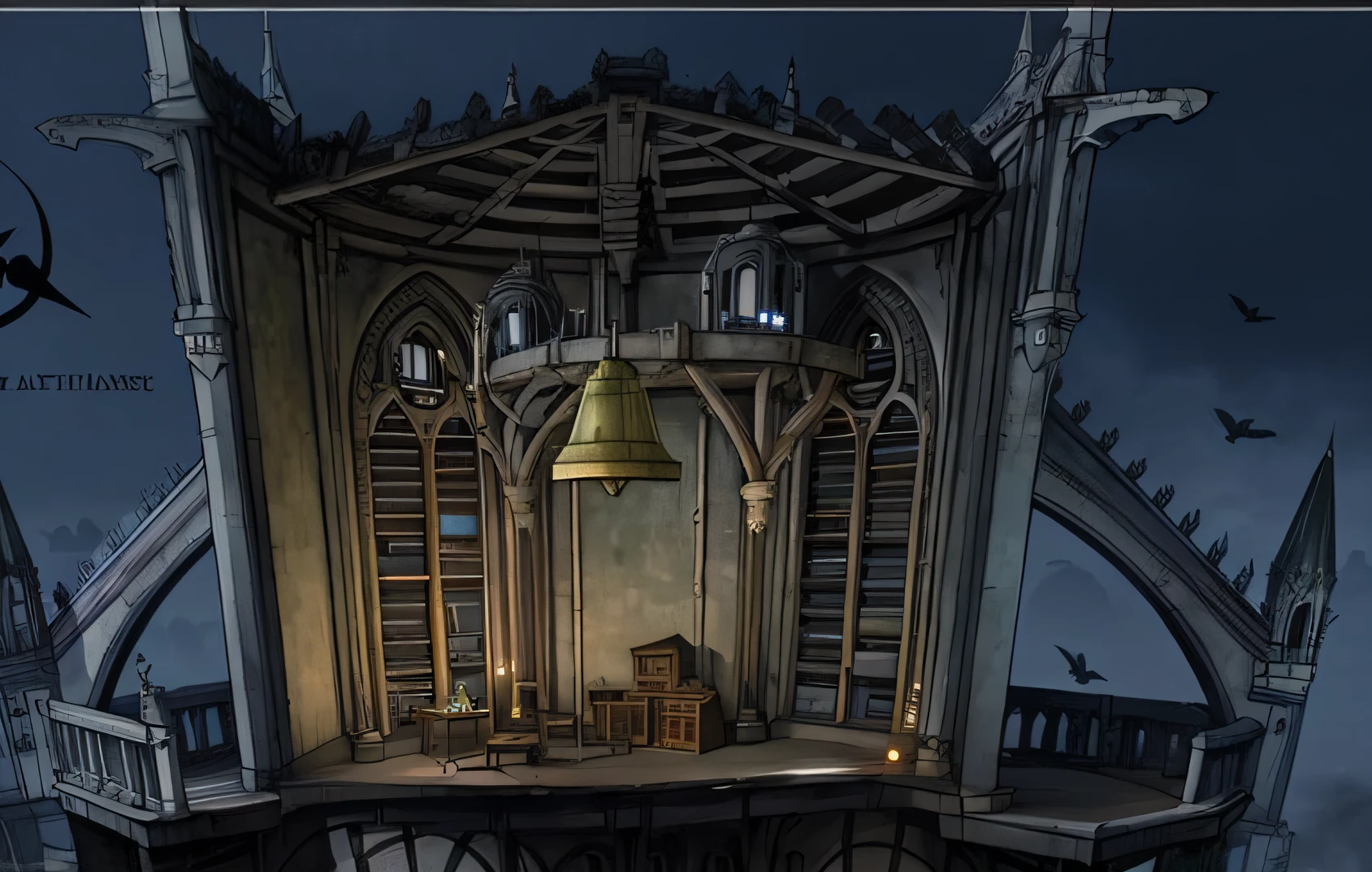 Close-up of the bell tower,There is a clock on it, Gothic epic library concept, point-and-click adventure game, Inspired by Anton Peake, arte de fundo, bioshock concept art, background artwork, bioshock infinite art style, library of ruina concept art, anor londo, darkest dungeon art style, ancient biomechanical temple, steampunk setting