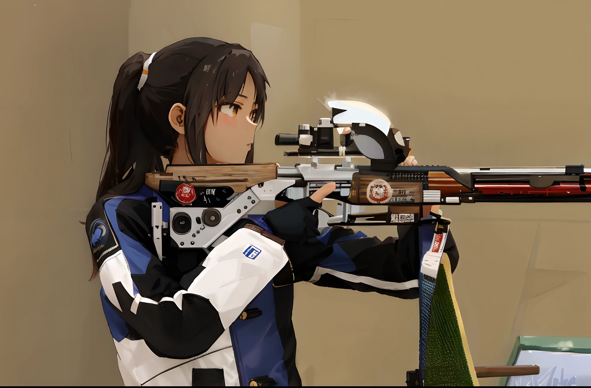 Asian woman，Asian Games women's rifle shooting competition，Aiming shooting competition，Aim for，k hd，Action details，Two-dimensional animation style，Makoto Shinkai anime style