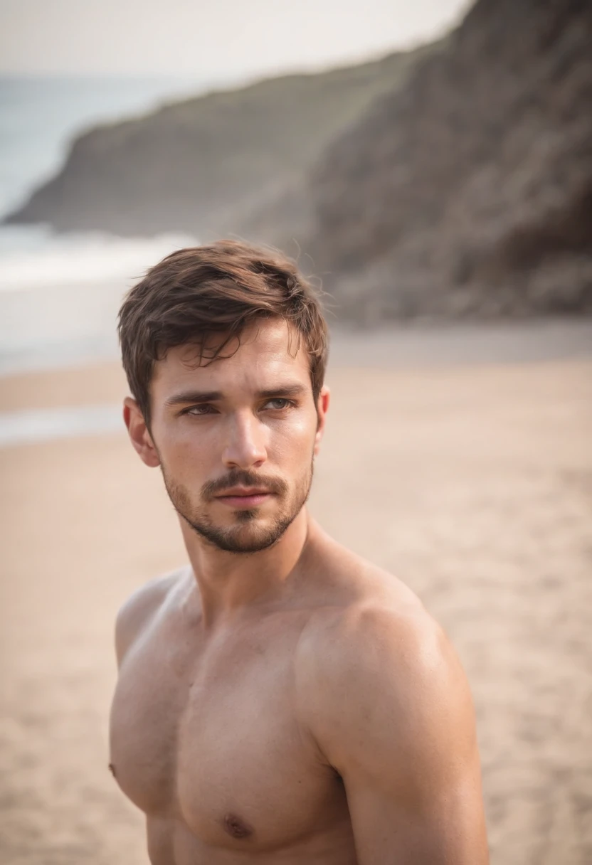 A masculine young man in his late twenties, short beard, darl brown hair , light hazel eyes, masculine energy, standing on the beach, wearing ripped pirate clothes, wet body, looking exasperated