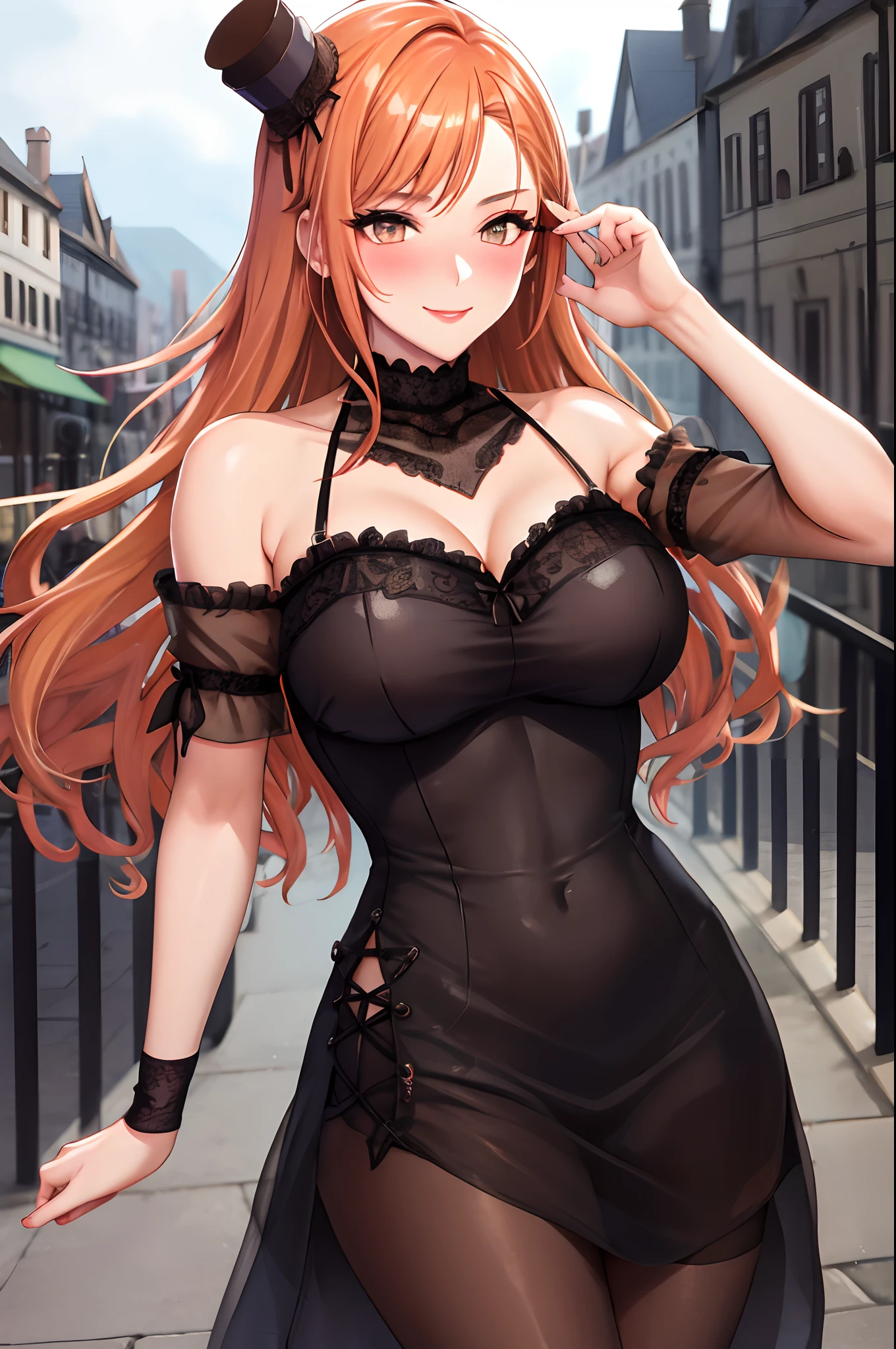 arisugawa natusha, orange hair, upper body, village realisticlying, Virginia Otis 15-year-old, City of victorian age, Europe. aristocrat girl, Looking up from below,  wear long sleeve sheer fabric dress, Various sexy poses, Face smile, Depicts the whole body, shiny glossy skin, clevage, cowboy shot, makeup, mascara, eyeblush, eyeshadow, lipstick,