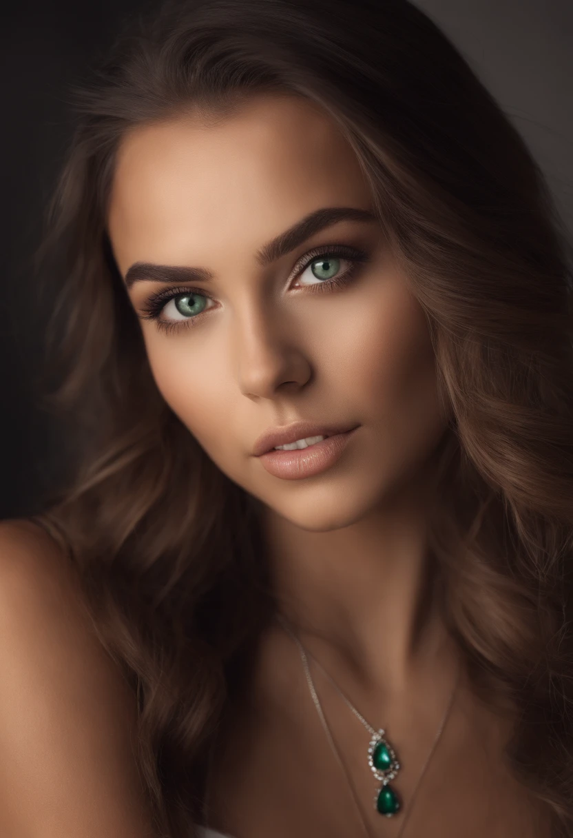 Arafed woman with a white tank top and necklace, fille sexy aux yeux verts, Portrait Sophie Mudd, cheveux bruns et grands yeux, selfie of a young woman, Yeux de chambre, Violet Myers, sans maquillage, maquillage naturel, looking straight at camera, Visage avec Artgram, Maquillage subtil, Superbe photo du corps entier, piercing green eyes