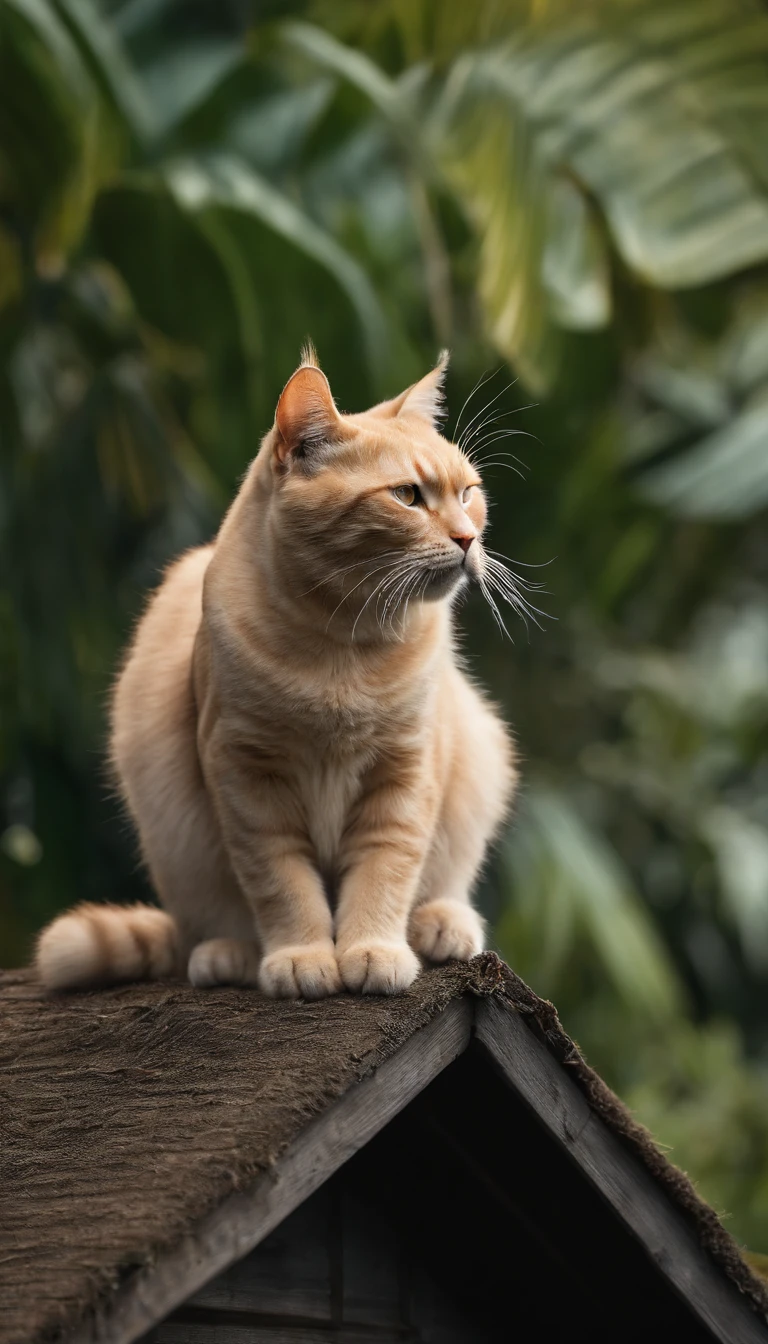 Create a stunning image of a chubby and happy cat sitting gracefully on a rooftop against a backdrop of swaying palm trees. #Cat on the roof #palm tree #Artistic photography, sunset, Thatched cottage. High-quality and contrasting photos, unreal engine 5, Wide angle of view, Depth of field, Hyper-detail skins, Color Correction, Crazy details, Color Correction, hyperrealism, Lifelike (Highest Quality, Masterpiece, 4k, The ultra-detailliert, edgy) focusing, 8K , High definition, It's incredibly detailed and complex.: 1.2) High-quality and contrasting photos, unreal engine 5, wide vision, Depth of field, Super delicate skin, Color Correction, Crazy details, Color Correction, hyperrealism, Real Live (Highest Quality, Masterpiece, 4k, Extremely detailed, Sharpen focus, 8K, High definition, incredibly detailed, Complex: 1.2)