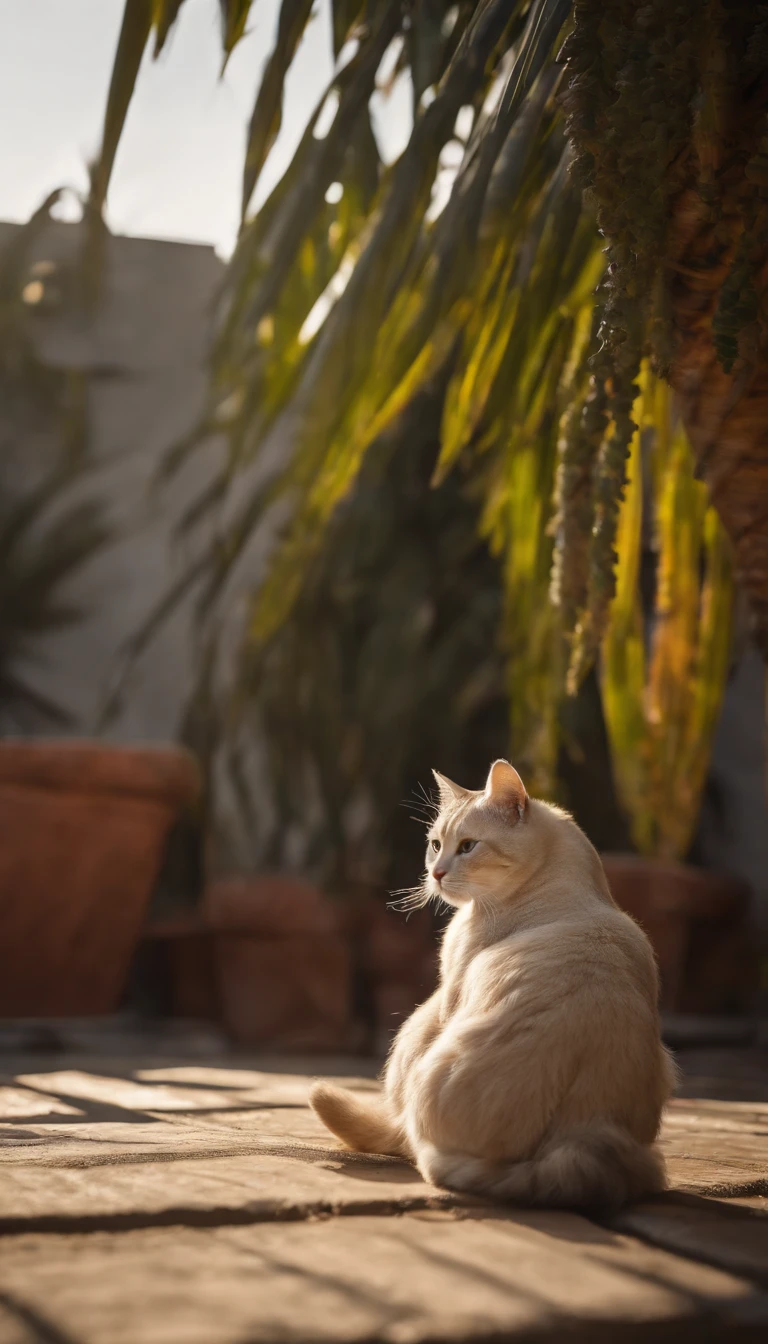 Create a stunning image of a chubby and happy cat sitting gracefully on a rooftop against a backdrop of swaying palm trees. #Cat on the roof #palm tree #Artistic photography, sunset, Thatched cottage. High-quality and contrasting photos, unreal engine 5, Wide angle of view, Depth of field, Hyper-detail skins, Color Correction, Crazy details, Color Correction, hyperrealism, Lifelike (Highest Quality, Masterpiece, 4k, The ultra-detailliert, edgy) focusing, 8K , High definition, It's incredibly detailed and complex.: 1.2) High-quality and contrasting photos, unreal engine 5, wide vision, Depth of field, Super delicate skin, Color Correction, Crazy details, Color Correction, hyperrealism, Real Live (Highest Quality, Masterpiece, 4k, Extremely detailed, Sharpen focus, 8K, High definition, incredibly detailed, Complex: 1.2)