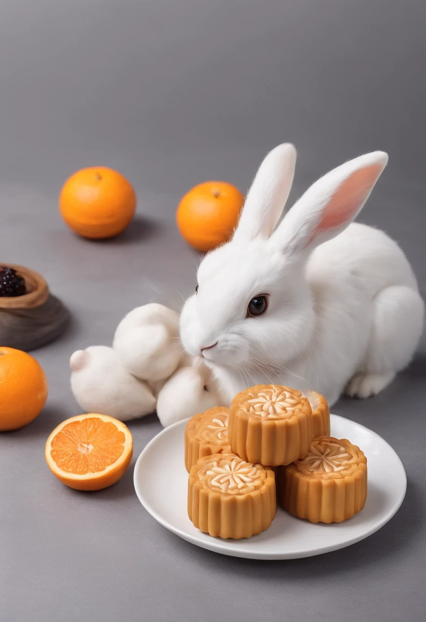 Q version of the rabbit，Cute and cute，Moon cake，laurel，themoon，The light is depicted in detail，orange tint，oc rendered，high qulity，tmasterpiece，Hyper-realistic，Ultra photo realsisim，8K，super-fine，ultra - detailed，Ultra-wide angle of view，dynamic viewing angle