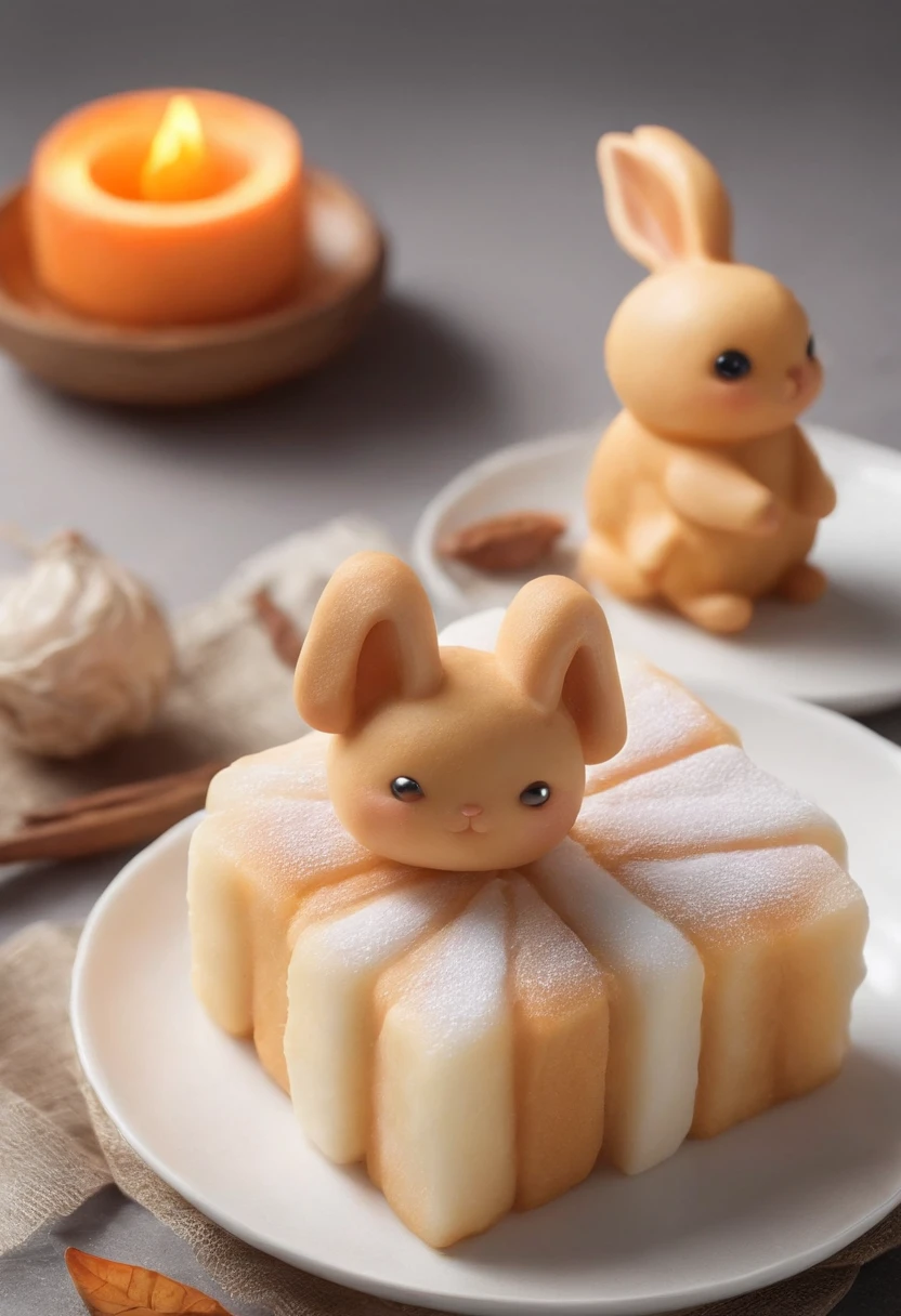 Q version of the rabbit,Cute and cute,Moon cake,laurel,themoon,The light is depicted in detail,orange tint,oc rendered,high qulity,tmasterpiece,Hyper-realistic,Ultra photo realsisim,8K,super-fine,ultra - detailed,Ultra-wide angle of view,dynamic viewing angle