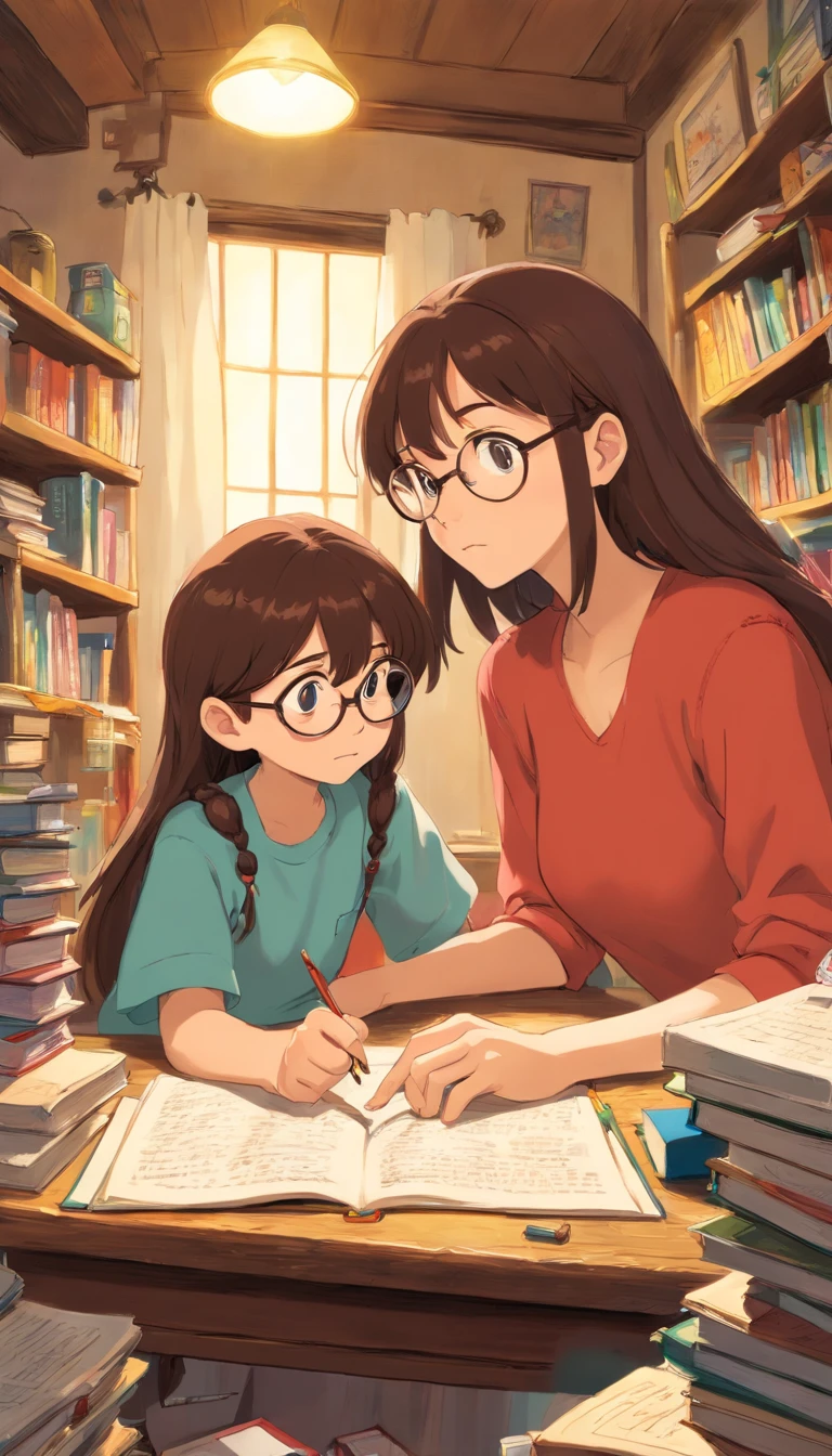 A mother talking to her nerdy daughter who had a long brown hair,with eyeglasses,studying in a messy room.