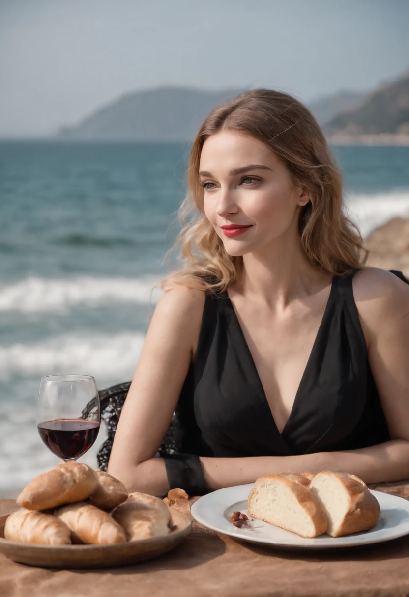 A woman in a black dress sits gracefully on a black cloth. In one hand, she holds a bottle of wine, and in the other, a filled glass. Beside her is a red notebook, and to its right (from the viewer's perspective) is a plate. The plate is adorned with accompaniments for the wine: nuts that resemble grapes, cheese, and bread. The backdrop suggests a serene beach, with a distant mountain providing a picturesque view. The woman, blonde and slender, possesses a radiant beauty. Her smile is warm and inviting. A necklace graces her neck, and her black dress, resembling a nightgown, is adorned with string straps and is devoid of patterns.