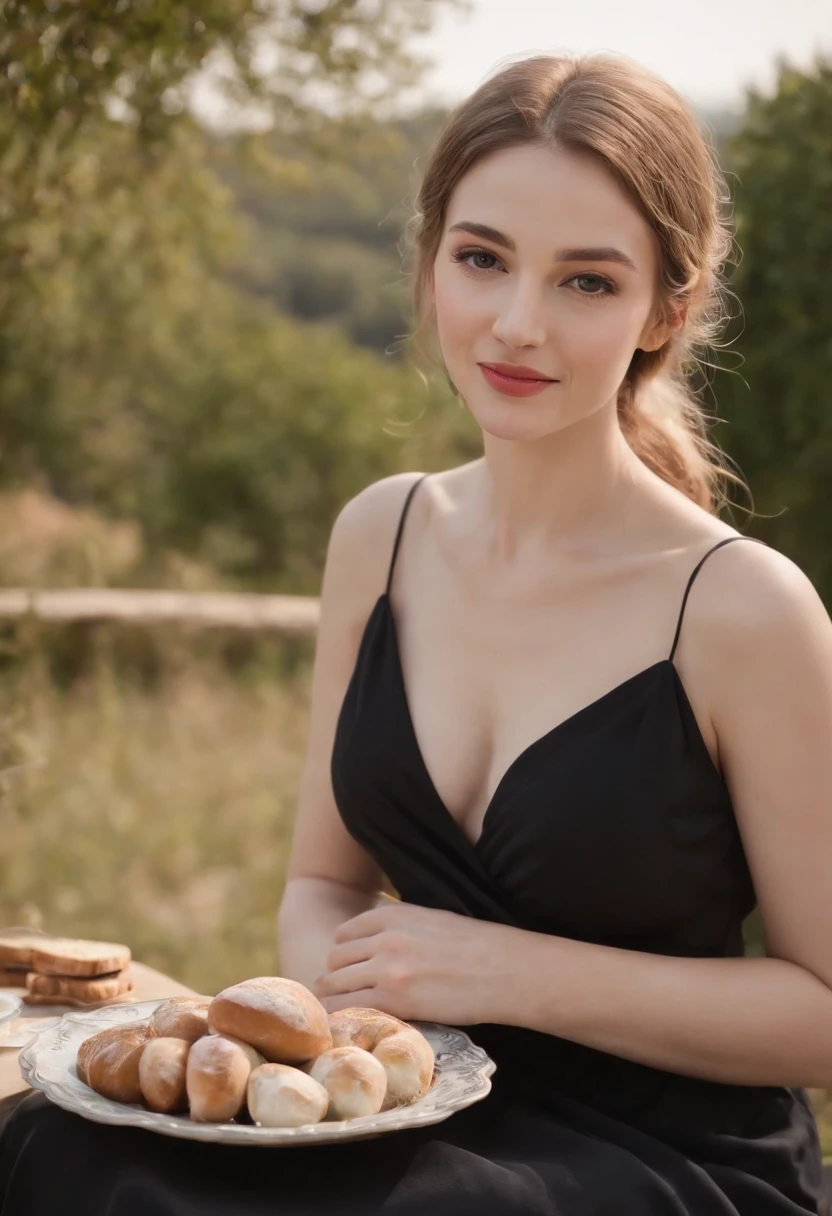A woman in a black dress sits gracefully on a black cloth. In one hand, she holds a bottle of wine, and in the other, a filled glass. Beside her is a red notebook, and to its right (from the viewer's perspective) is a plate. The plate is adorned with accompaniments for the wine: nuts that resemble grapes, cheese, and bread. The backdrop suggests a serene beach, with a distant mountain providing a picturesque view. The woman, blonde and slender, possesses a radiant beauty. Her smile is warm and inviting. A necklace graces her neck, and her black dress, resembling a nightgown, is adorned with string straps and is devoid of patterns.