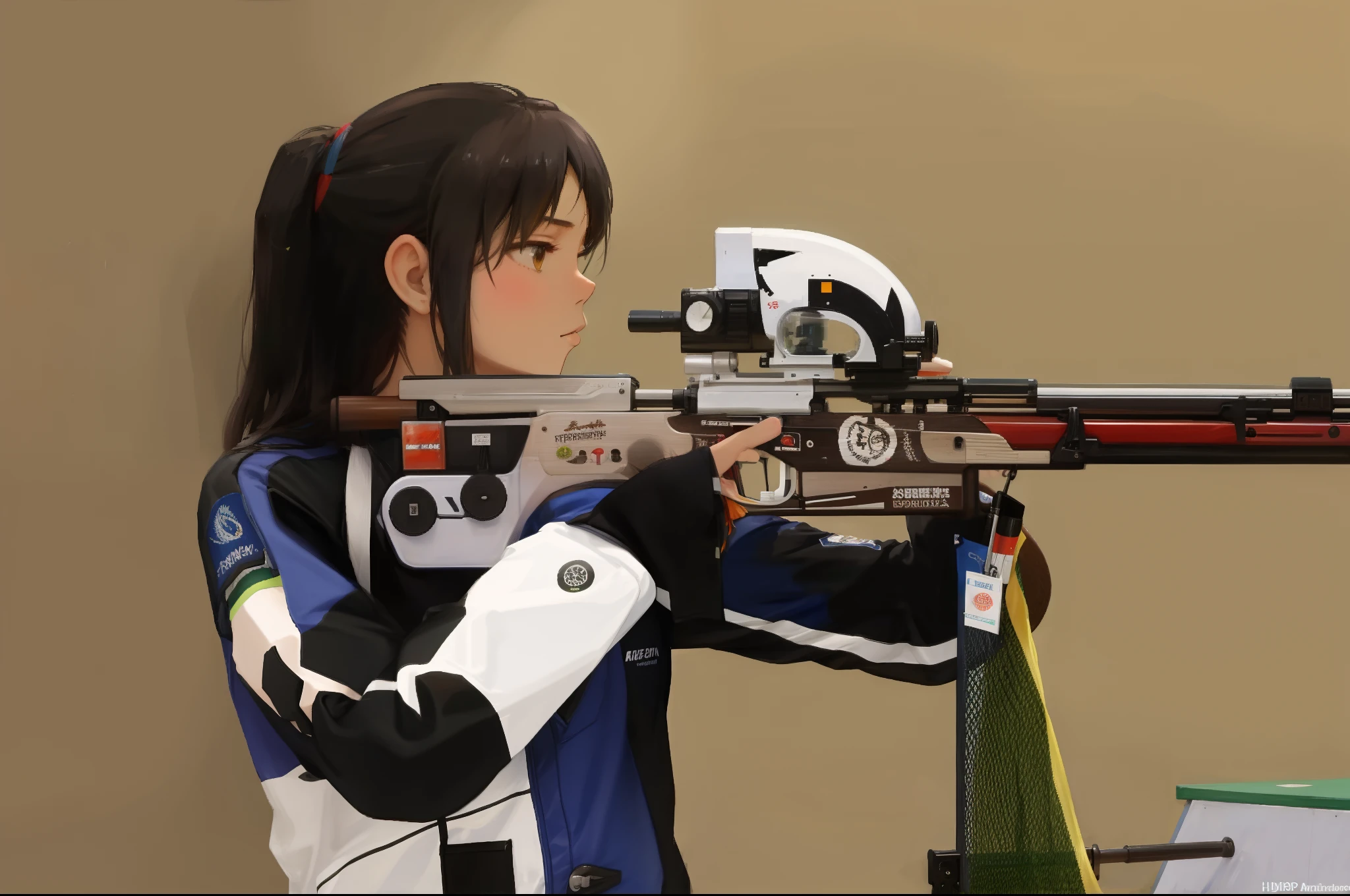 Asian woman,Asian Games women's rifle shooting competition,Aim in shooting competitions,Aim for,k hd,Action details,Two-dimensional style,Makoto Shinkai anime style
