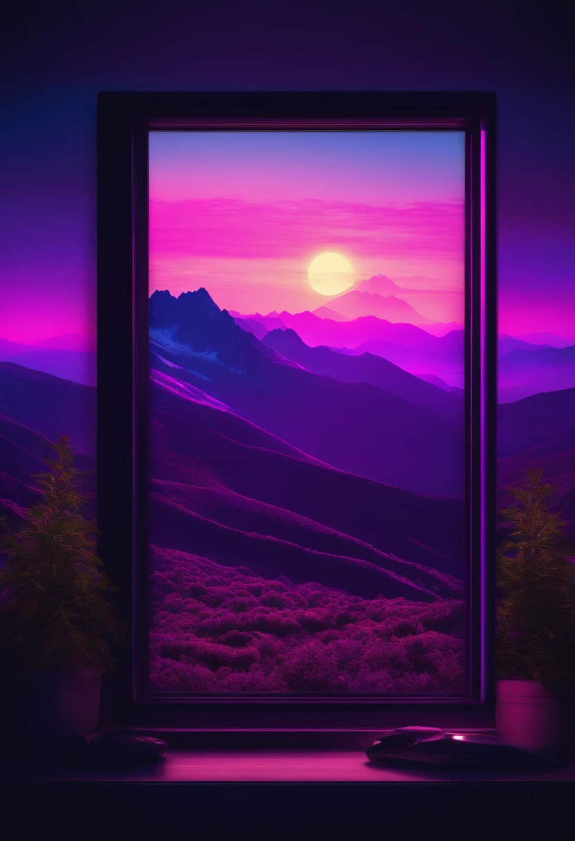Peaks,Heavy rocks,PURPLE NEON MONITOR LIGHT, Sun, Mountain,retrowave,The mountain scenery is reversed