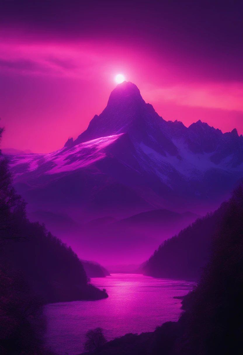 Peaks,Heavy rocks,PURPLE NEON MONITOR LIGHT, Sun, Mountain,retrowave,The mountain scenery is reversed