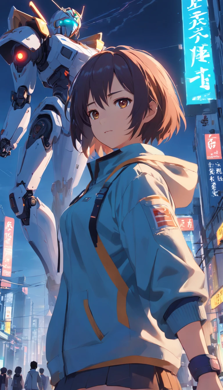 Este es un fondo de pantalla CG Unity 8k con ultra detallado, high-resolution and top quality in cyberpunk style, dominado por el negro y el rojo. En la imagen, Una hermosa chica con el pelo corto blanco desordenado, un rostro delicado, wearing a steam mecha mask, De pie sobre las ruinas, behind her is a huge robot, Realismo social, Hiperrealismo, destellar, cinematic lighting, Destello de lente, ultra gran angular