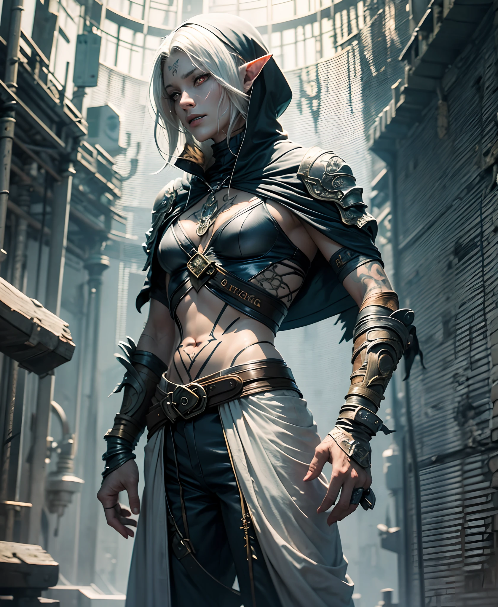 A drow elf with skin of deep obsidian, refined angular features face , a sharp jawline, little scar on left cheek, white hair and shoulder length. Intricate tattoo of arcane sigils on the neck. Wears lightweight, dark-hued clothing, a hooded cloak made of dark fabric and a fitted tunic and trousers. Carries a hand crossbow holstered at his side, and has 2 slender daggers strapped to his lower back. his fiery red eyes and flowing white hair. The shadow looking like alive --auto --s2