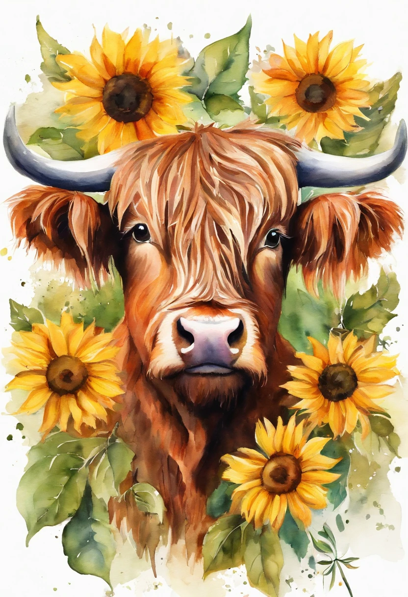 Highland cattle,A sunflower wreath is worn on his head,Positive perspective,Highland cattle head,bust,