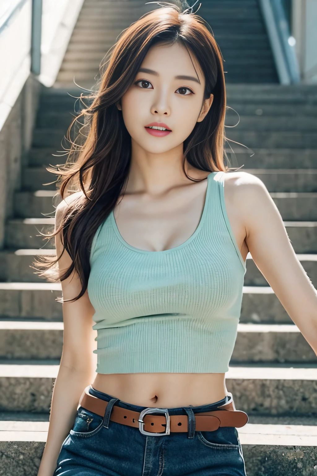 Realistic Japan woman in light green tank top、Wearing leather pants、Wear a clean belt、constricted hips、Navel piercing、 Narrow-eyed、Single eyelid、eyes are small、Face with thin eyebrows、Sareme、low nose、Thin-lipped face、small tits、Suppin、Face with dimples、double tooth、Walk down the stairs、Hair that flutters in the wind、