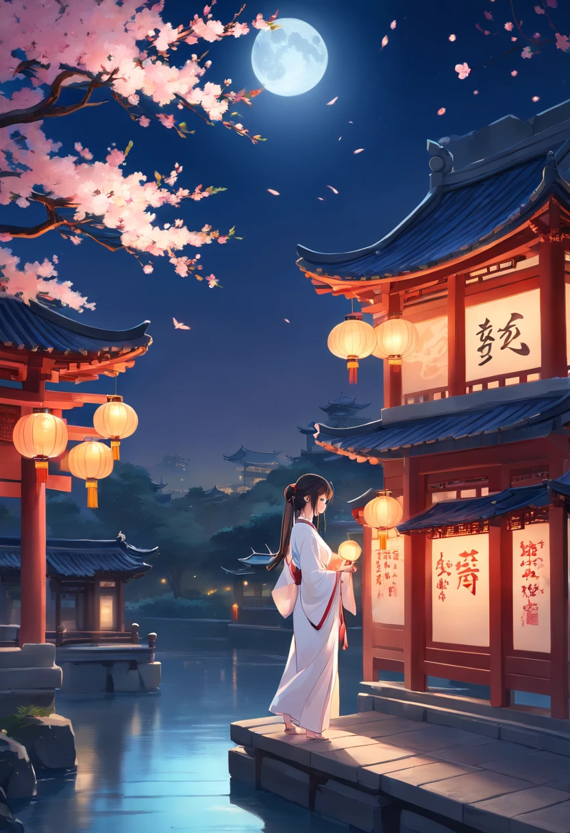 (Best quality,4K,8K,A high resolution,Masterpiece:1.2),Ultra-detailed,(Realistic,Photorealistic,photo-realistic:1.37), Moonlit Night,Starry sky,Chinese woman,Traditional Chinese white dress,Long flowing hair,Teary eyes,wistful look,Holding a small rabbit in his arms, In ancient Chinese architecture, tranquil ambiance,Chinese lantern in the background,Cherry blossom trees,Chinese calligraphy on the wall, Gentle breeze,peacful,Timeless beauty,Full moon glow,Delicate details,Ethereal atmosphere,charming scene of a,colorful lanterns, Subtle shadows,Illuminated by faint moonlight,reflections on the water,serene environment,Tranquility,peacful,Night view of Chinese garden