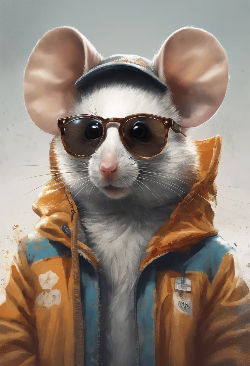Perfect centering, Cute mouse, Wear a student team jacket, Wearing sunglasses, Wearing headphones, cheerfulness, Standing position, Abstract beauty, Centered, Looking at the camera, Facing the camera, nearing perfection, Dynamic, Highly detailed, smooth, Sharp focus, 8K, high definition resolution, illustration, Art by Carne Griffiths and Wadim Kashin, White background