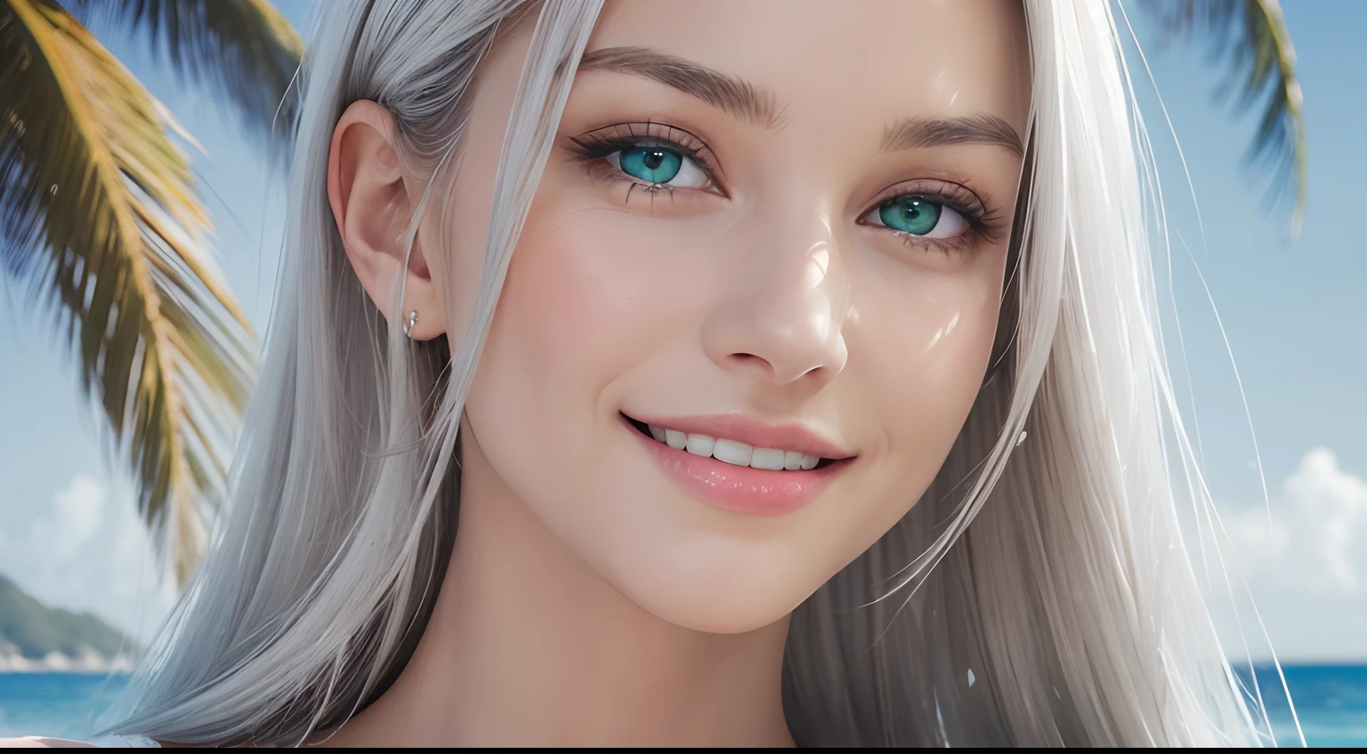 (Masterpiece, Best Quality, Photorealistic, high resolucion, photography, :1.3), (Woman in her 40s, )Close-up shots of faces, Close-up shots of faces, Close-up shots of faces, Sharp focus, (1 Girl, A European girl, Popular models), Realistic skin, Slender body type, Big breasts, (Her long, Pure white silver hair swept to the side, extremely detailed hair), Delicate sexy face, Organoleptic gases, Sparkling lips,(green pupil),(green pupil),(green pupil), ((realisitic, A hyper-realistic, realism, realistic detailed)), (Medium Tits:1.5), (White tank top T-shirt and ripped jean shorts), (A slender waist), (slim thigh), (Small hips), (Sorrisos), (seaside, waves, palm tree) (seaside, waves, palm tree), (Long straight hair), A woman is standing, (Sorrisos), (Sorrisos)
