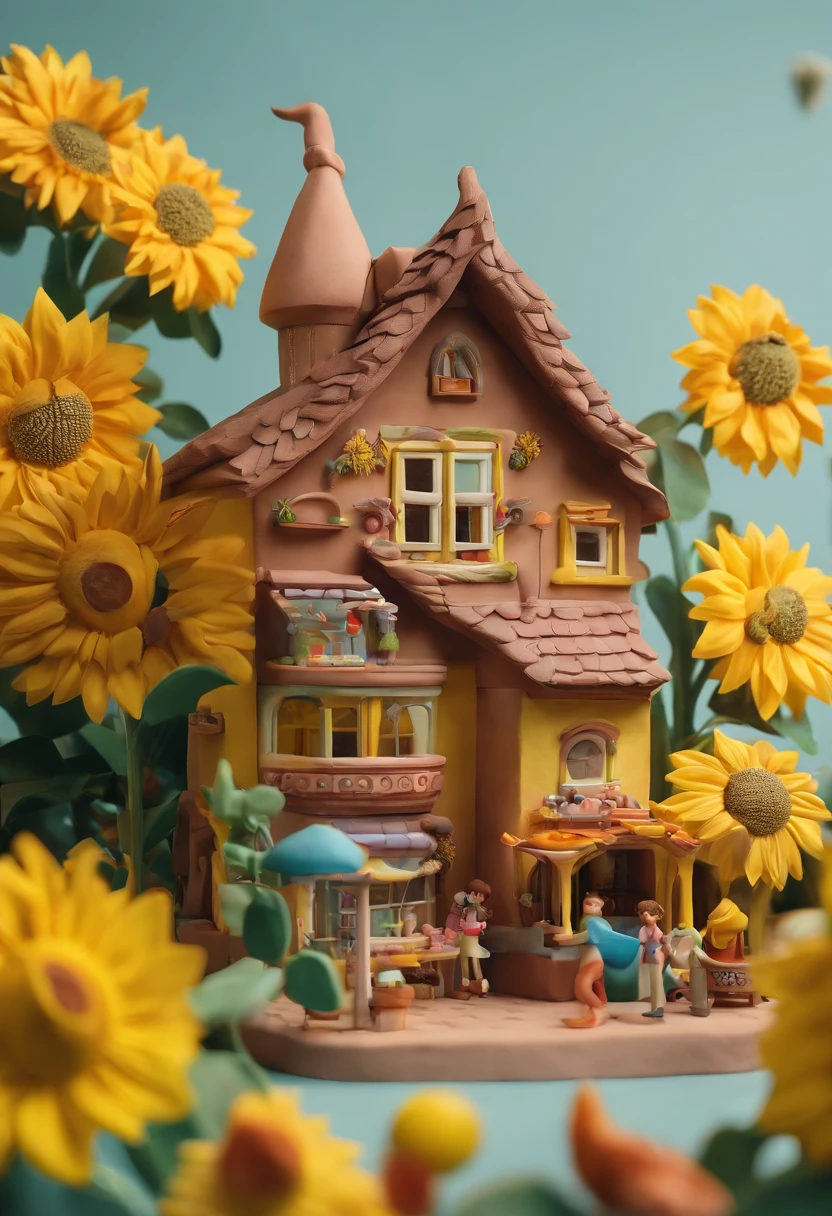 a sunflower house gloria studio, the garden is full of sunflowers, clay material, cartoonish design style, pop mart, soft lighting, smooth lines, tilt-shift lenses, detailed science fiction illustrations, hyper-realistic details, warm color