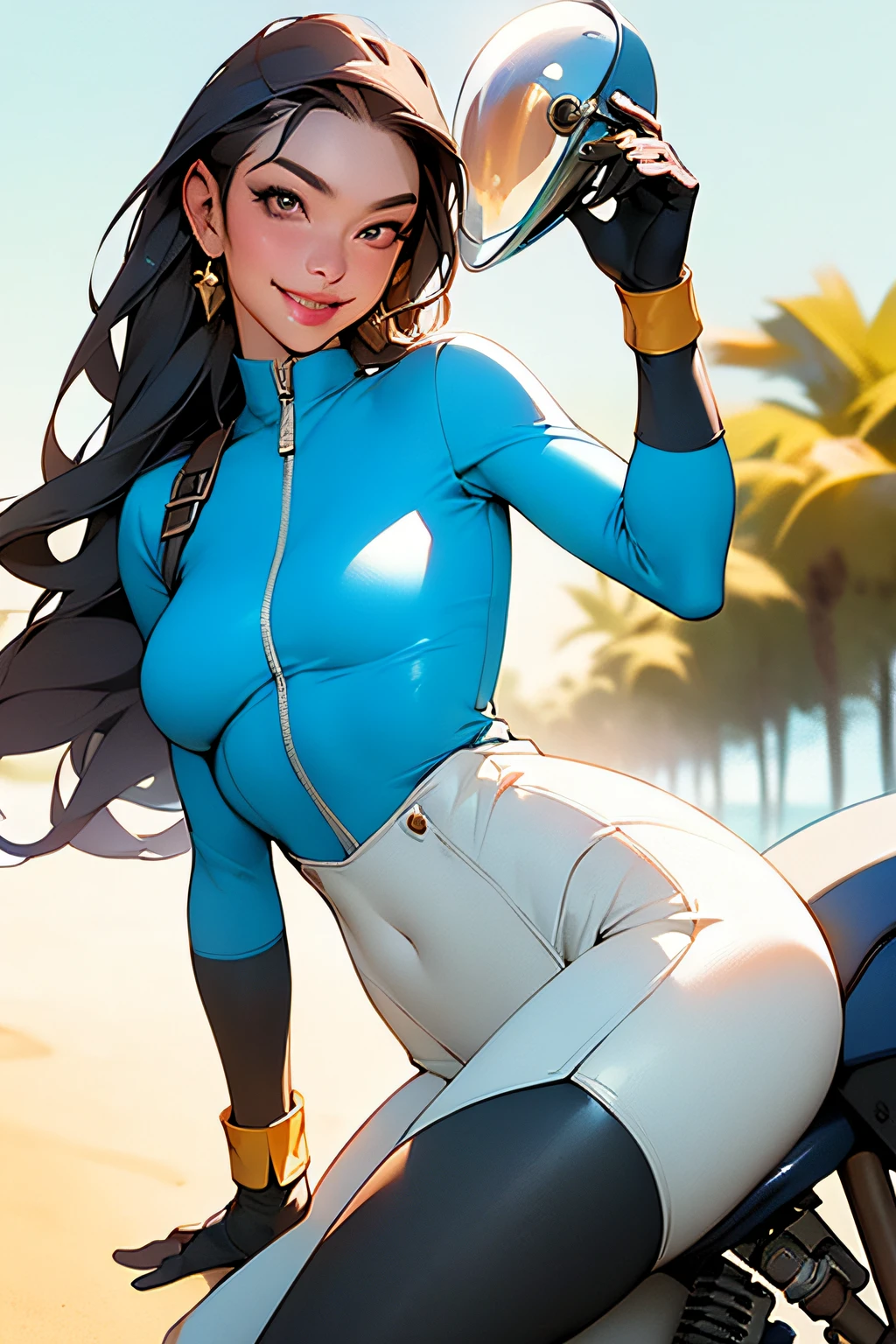masterpiece, (masterpiece, top quality, best quality),1girl, solo, bodysuit, breasts, long hair, white background, smile, simple background, medium breasts, helmet, looking at viewer, skin tight, sitting, lips, blue bodysuit, motorcycle, black gloves, gloves