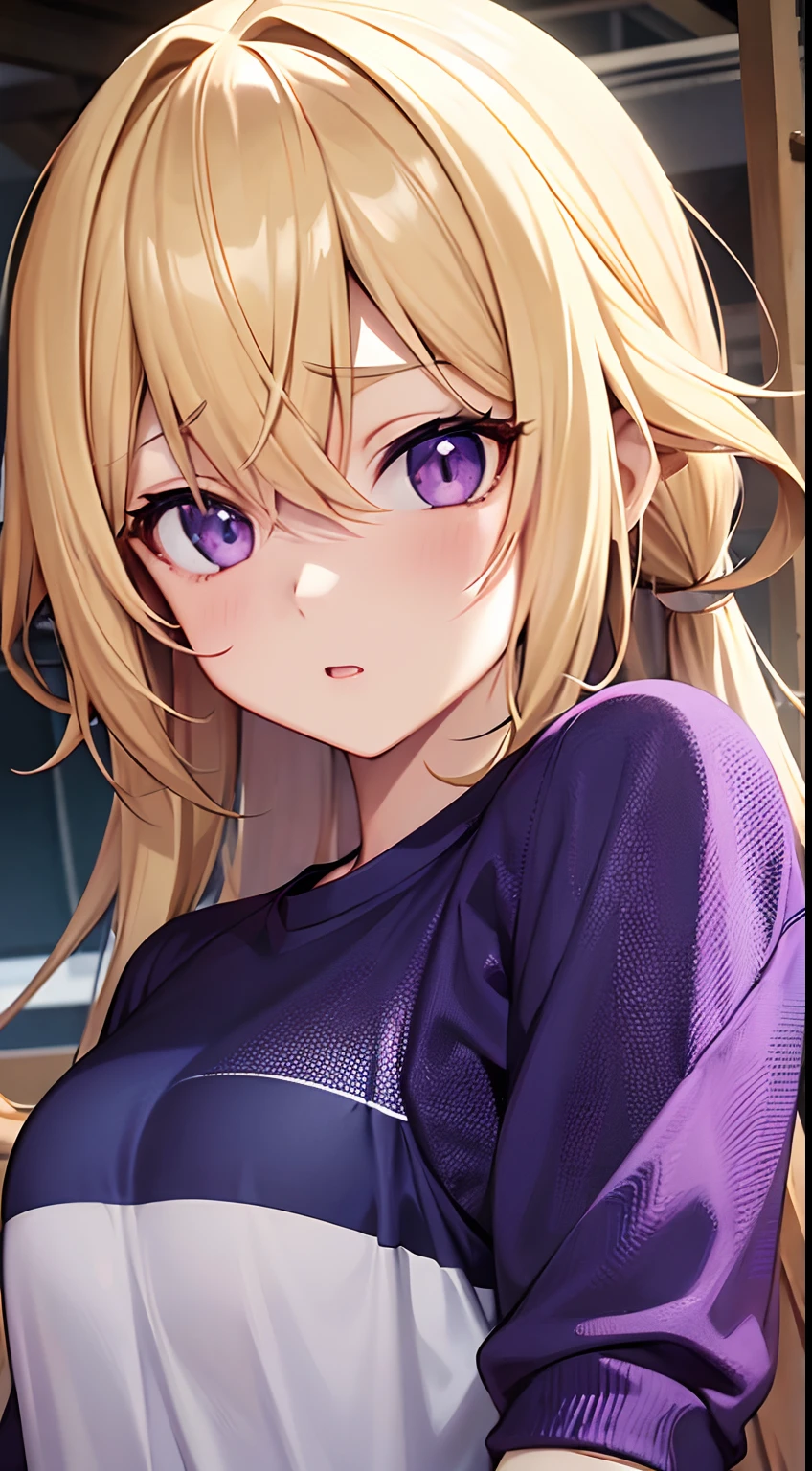 anime girl with blonde hair and purple eyes looking at camera, who is looking up at it in fear, booru, ultra detailed, best quality, expressive eyes, perfect face, sports clothing, surprised, female lead character,