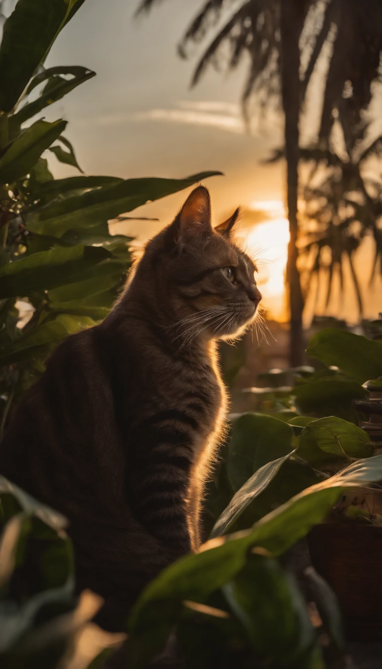 Create a stunning image of a chubby and happy cat sitting gracefully on a rooftop against a backdrop of swaying palm trees. #Cat on the roof #Old Kawi's Cat #palm tree #Artistic photography, sunset, Thatched cottage. High-quality and contrasting photos, unreal engine 5, Wide angle of view, Depth of field, Hyper-detail skins, Color Correction, Crazy details, Color Correction, hyperrealism, Lifelike (Highest Quality, Masterpiece, 4k, The ultra-detailliert, edgy) focusing, 8K , High definition, It's incredibly detailed and complex.: 1.2) High-quality and contrasting photos, unreal engine 5, wide vision, Depth of field, Super delicate skin, Color Correction, Crazy details, Color Correction, hyperrealism, Real Live (Highest Quality, Masterpiece, 4k, Extremely detailed, Sharpen focus, 8K, High definition, incredibly detailed, Complex: 1.2)