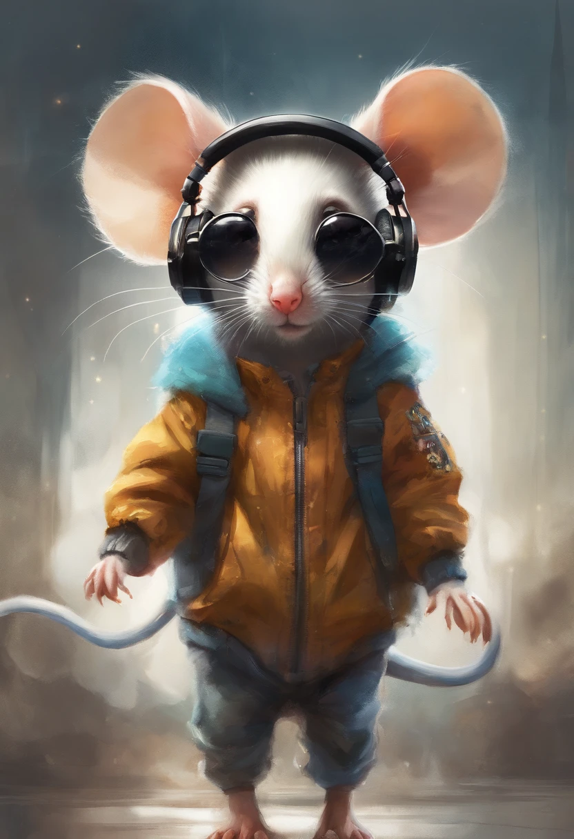 Perfect centering, Cute mouse, Wear a student team jacket, Wearing sunglasses, Wearing headphones, cheerfulness, Standing position, Abstract beauty, Centered, Looking at the camera, Facing the camera, nearing perfection, Dynamic, Highly detailed, smooth, Sharp focus, 8K, high definition resolution, illustration, Art by Carne Griffiths and Wadim Kashin, White background