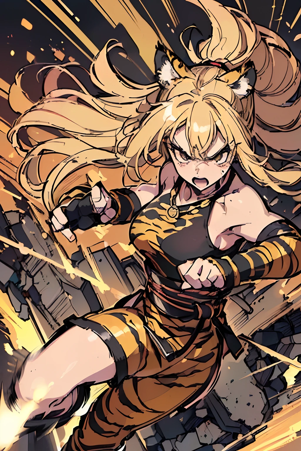 20yo 1girl, solo, (angry:1.2), small chest, (muscular:1.2), (blonde long hair, tiger print bang:1.2), (tiger ears, locket necklace, triangle locket:1.2), (tiger print long pant, tiger print elbow gloves, black knee boot:1.2), closeup, (fighting stance, kung fu, kung hu pose, kung fu action, dynamic angle, battle, The girl is attacking at great speed, high speed action, the girl is moving at great speed, afterimage:1.4), ( light particles, motion lines, speed lines, motion blur, The girl's hair flutter wildly in the wind, high speed:1.4), (fantasy, rubble, Burning, medieval European fantasy world:1.4),