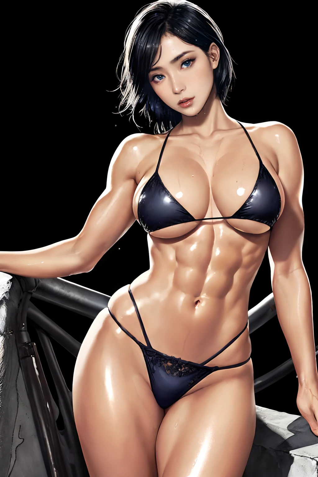 Photorealistic Ada Wong, detailed short messy black hair, mid shot, Detailed skin, detailed body, muscular, solo, wearing small black bikini, huge breasts, thick thighs, wide hips, muscular arms, large bulging veins on body, veins, muscle vein, split abs, thick thighs, blue eyes, Natural Skin Texture, skin detail, shiny skin, shiny glossy skin, WET skin, wet body, glossy skin, oily skin, Mediterranean tan, high contrast, realistic skin, skin pores, intricate detail, black background