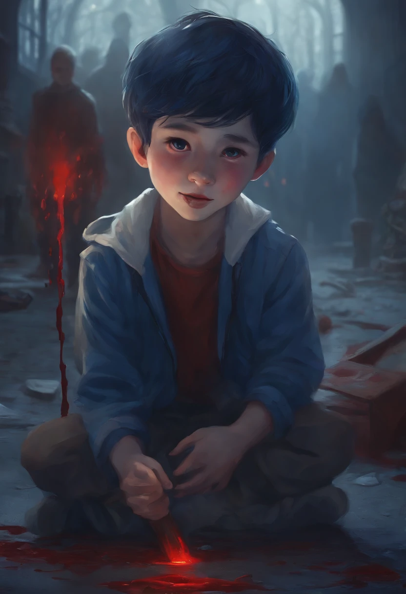 A boy with dark blue hair behind the school and behind him a blue ghost and laughing and there is blood on the ground and he has a hammer