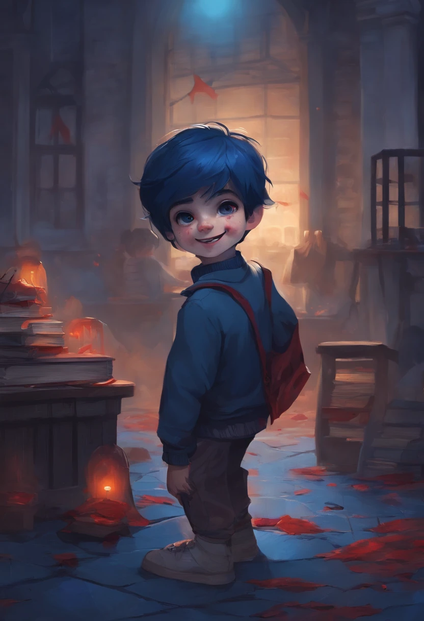 A boy with dark blue hair behind the school and behind him a blue ghost and laughing and there is blood on the ground and he has a hammer