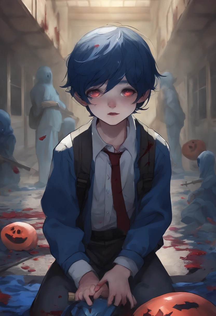 A boy with dark blue hair behind the school and behind him a blue ghost and laughing and there is blood on the ground and he has a hammer