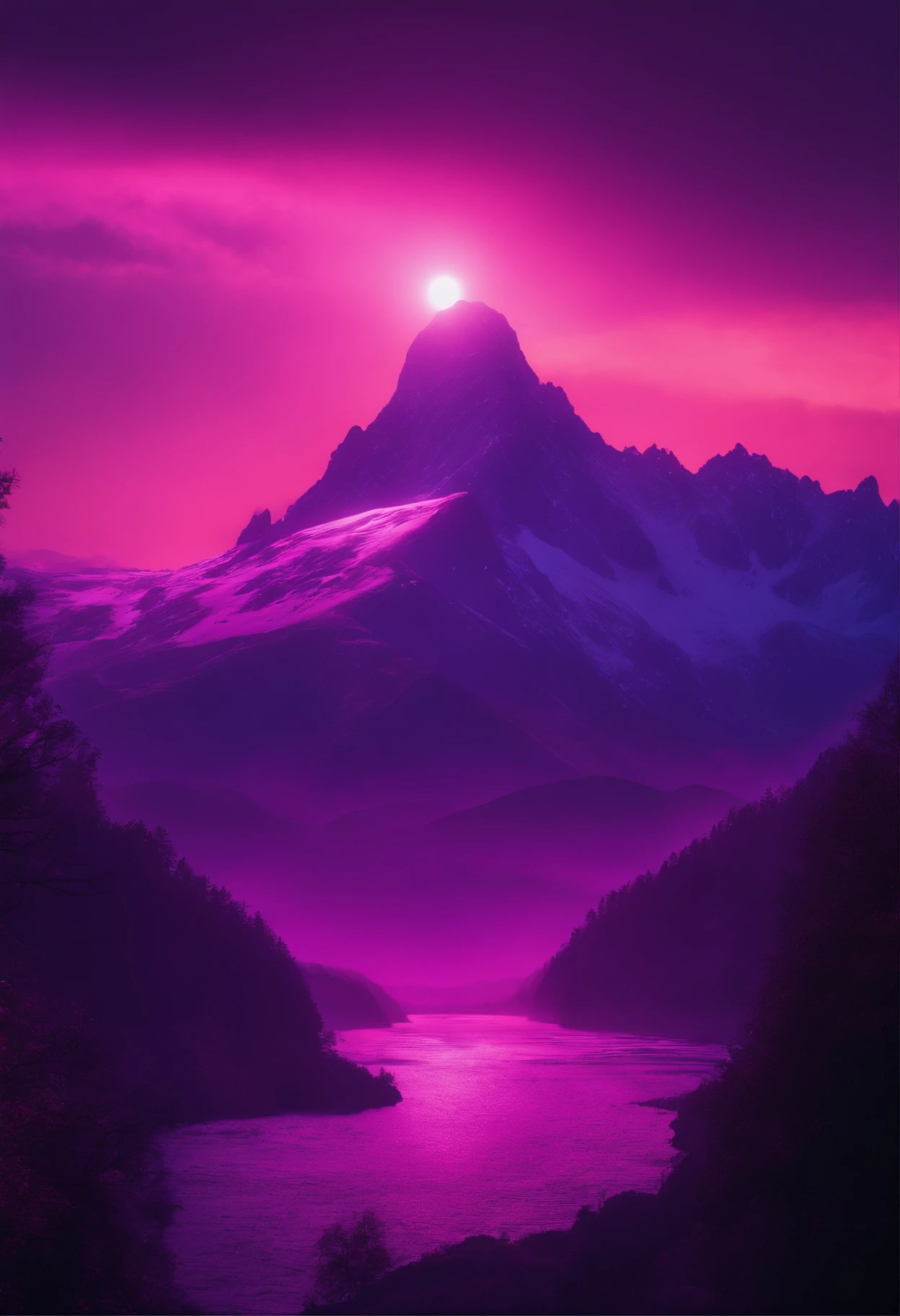 Peaks,Heavy rocks,PURPLE NEON MONITOR LIGHT, Sun, Mountain,retrowave,The mountain scenery is reversed