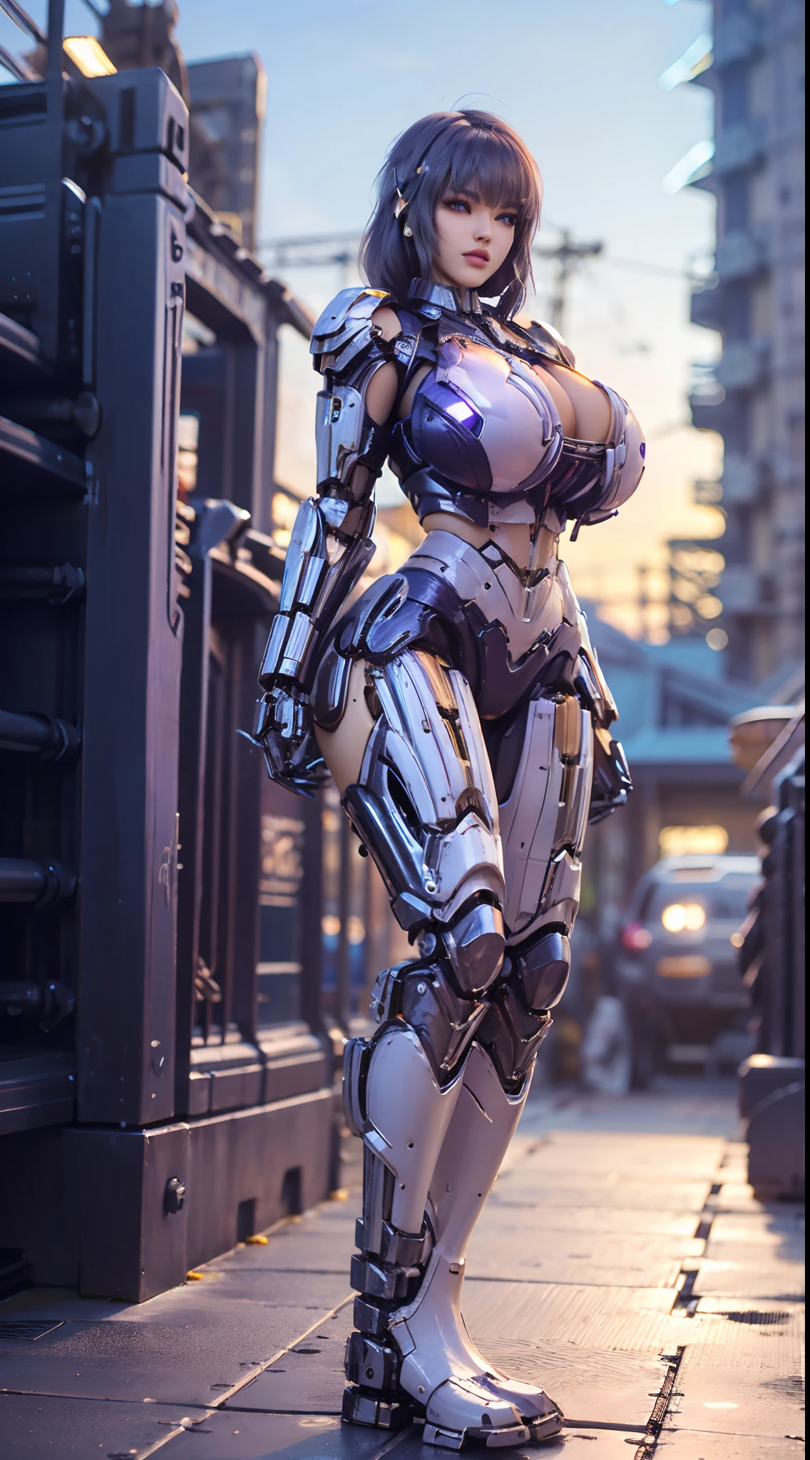 HUGE FAKE BOOBS, FRONT BANGS, (BEAUTY PURPLE, WHITE), SEXY MECHA ARMOR, (CROP TOP), (SKINTIGHT YOGA PANTS), FUTURISTIC MECHA SUIT, (CLEAVAGE), (TALL LEGS), (MECHANICAL BOOT:1.5), (LOOKING AT VIEWER), (STANDING), SEXY BODY, MUSCLE ABS, UHD, 8K, 1080P.