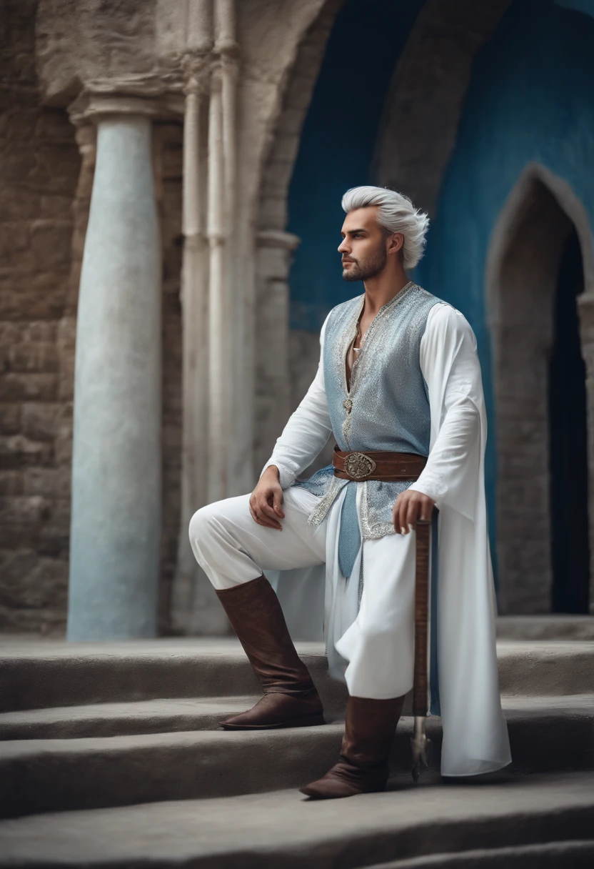 Elegant man, strong physique, white robe, white colored Arabian pants, light blue noble blouse, white boots, messy light blue hair, look of satisfaction, short hair, dark blue colored eyes, noble appearance, holding a silver spear, ancient castle, medieval setting.