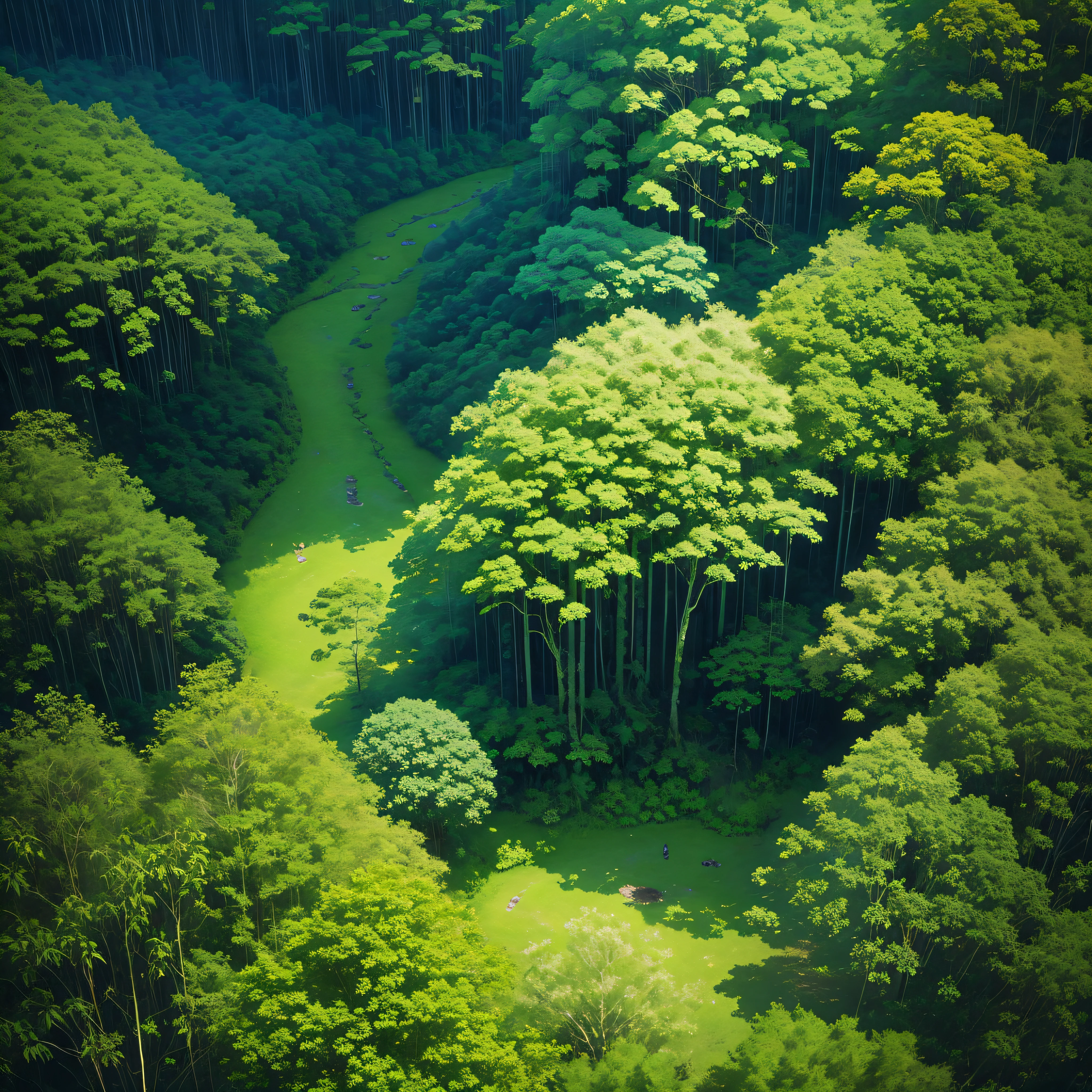 Rainforest Canopy:
Aerial views of lush, dense rainforests with a rich variety of foliage.
